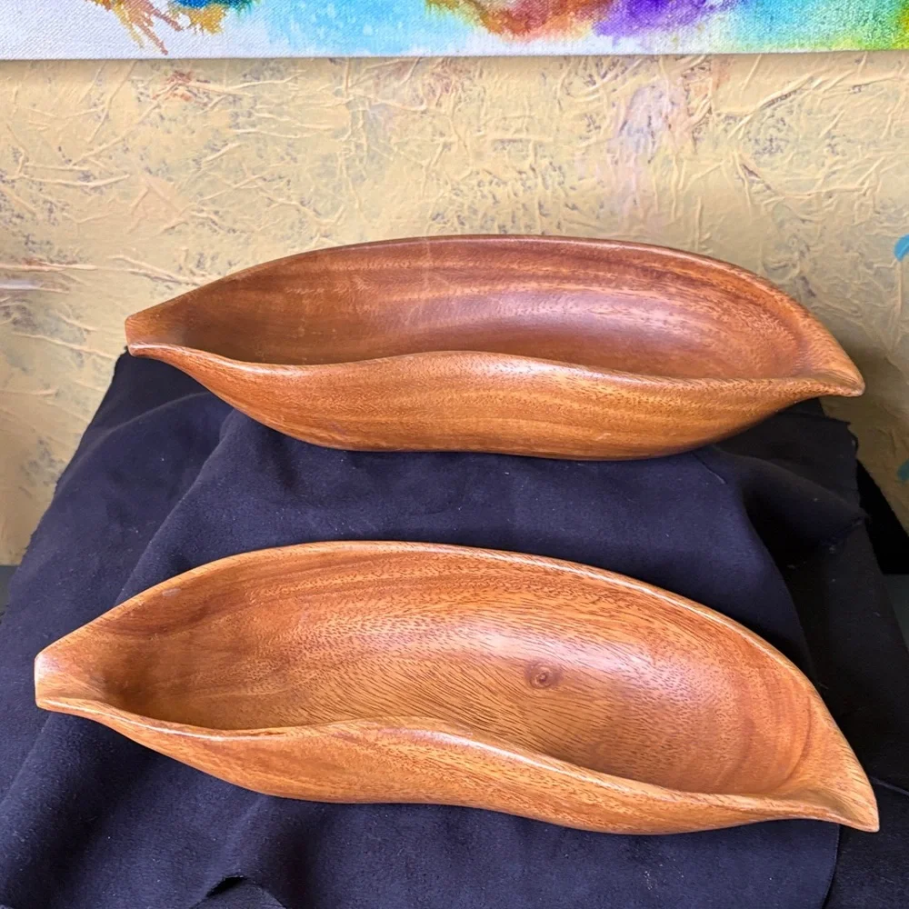 Mid-Century Modern Monkey Pod Leaf Bowls Hand Carved ~ set of 2